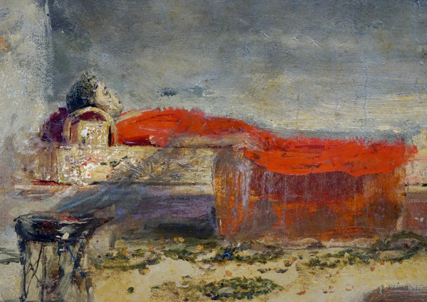 Artista del XIX-XX secolo, Morte di Cesare, olio su tela, cm 34,2x80, entro cornice
