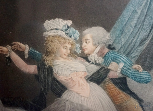 Lotto composto da tre stampe a tema galante in costume, XIX secolo, misure massime cm 59x44 compr...