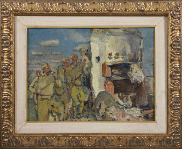 Soldati, XX secolo, olio su compensato, cm 31x41, entro cornice(segni di usura, cadute di colore)