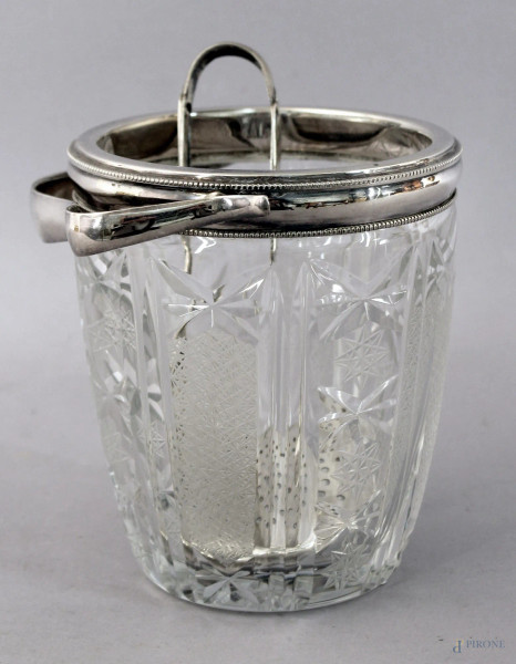 Portaghiaccio in cristallo e argento completo di pinza, altezza 22 cm.