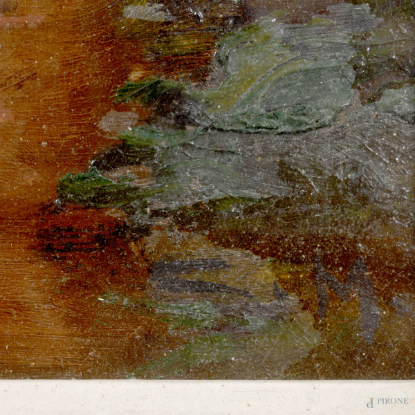 Gregge al tramonto, XX secolo, olio su cartone, cm 39x48, entro cornice, (lievi segni di usura, c...