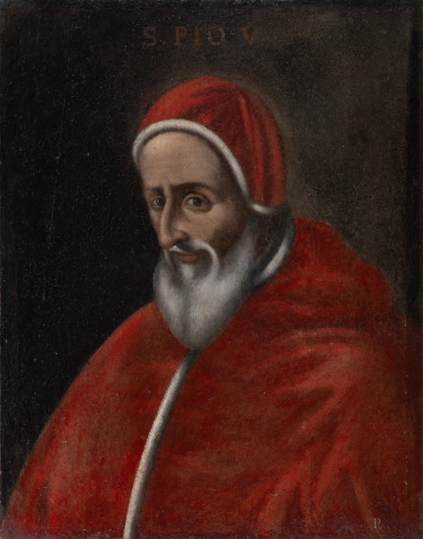 Ritratto di Pio V, XIX secolo, olio su tela, cm 65x50, (craquelure, sollevamenti di colore, abrasioni, difetti)