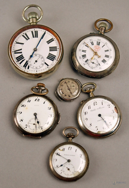 Lotto composto da sei orologi da tasca in argento e metallo, (da revisionare).