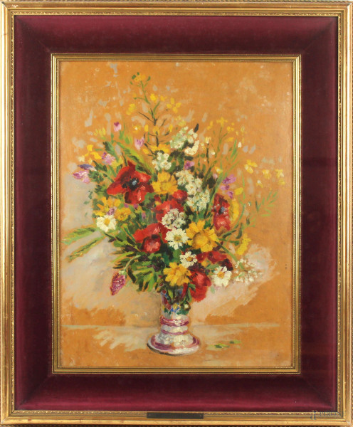 Aurora Vannutelli - Vaso con fiori, pastello a cera su cartone, cm 48x65, datato 1958, entro cornice