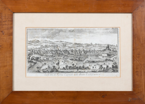 Stampa raffigurante la Città di Roma Capitale dello Stato Ecclesiastico, XIX secolo, cm 28x42 compreso passepartout, (segni di usura, gore, foxing, lacerazioni, segni di piegature, difetti, tracce di umidità)