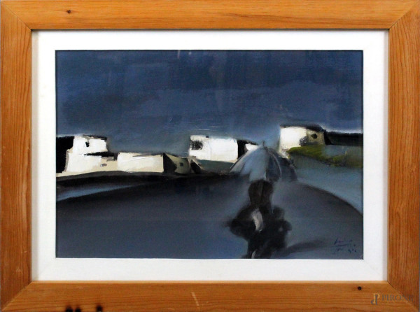 Lino Tardia - Paese con figura, olio su tela, cm. 50x70