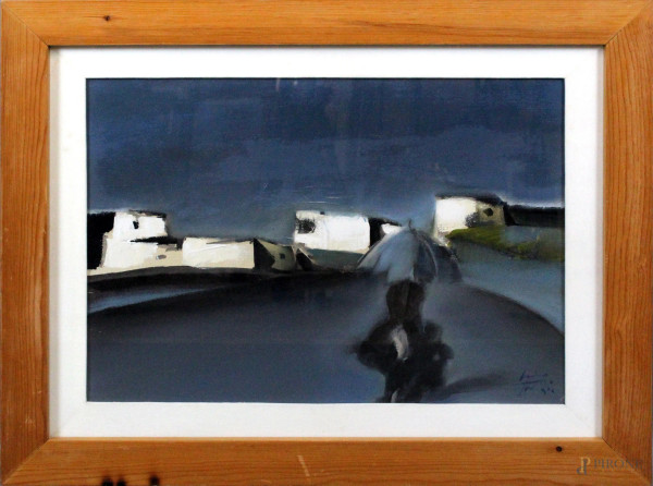 Lino Tardia - Paese con figura, olio su tela, cm. 50x70