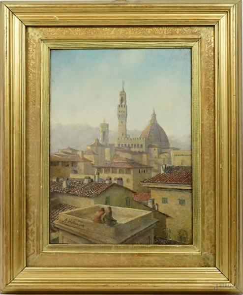 Tetti di Firenze con figure, olio su tela, cm 35x25, firmato, entro cornice.