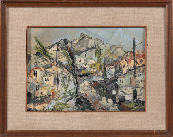 Paese montano, XX secolo, olio su tela, cm 25,5x35,5, firmato in basso a sinistra, entro cornice