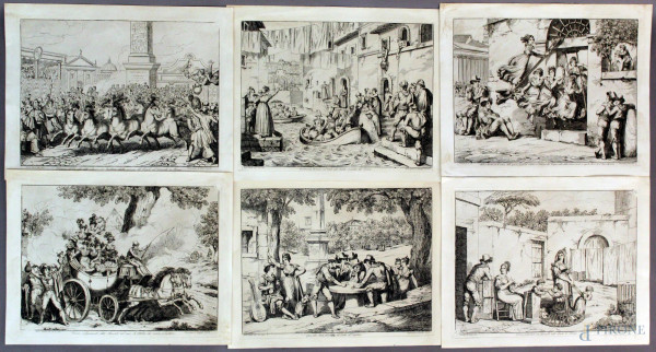 Da Pinelli, lotto composto da sei incisioni raffiguranti scene di genere, cm. 36,5x48,5.