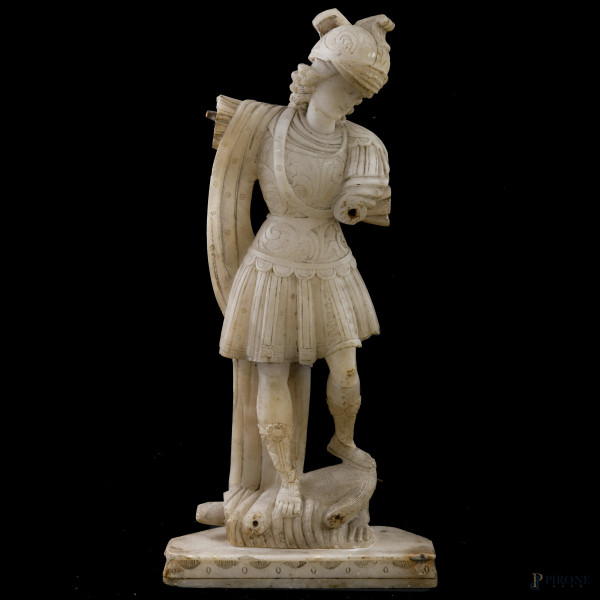 Arcangelo Michele, XX secolo, scultura in pietra saponaria, altezza cm 44, (segni di usura, rotture, restauri, mancanze, scalfiture, difetti, base removibile)