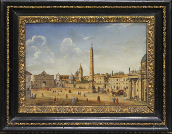 Piazza del Popolo, acquarello su cartoncino, 7,5x35,5 cm, entro cornice siglato Giacomo Vanlint