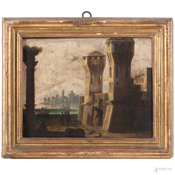 Lotto composto da quattro dipinti raffiguranti città fortificate, XVII secolo, olio su tela, misu...