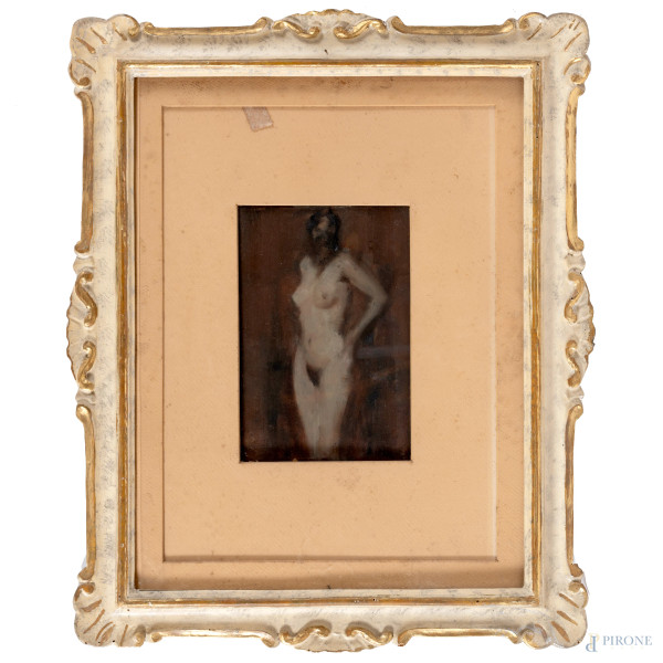 Nudo femminile in piedi, XX secolo, olio su faesite, cm 22x16,5, entro cornice, (lievi abrasioni e piccoli fori)