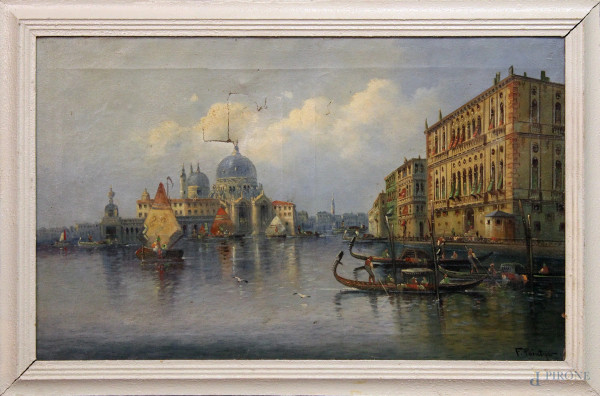 Veduta di Venezia, olio su tela, cm 49x81, (difetti).