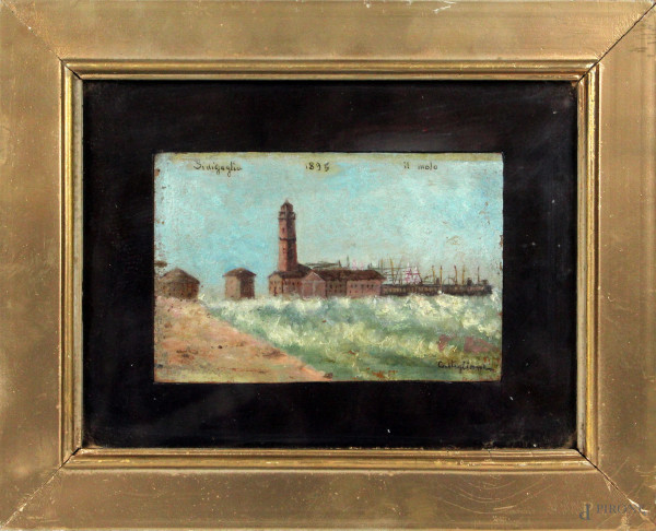 Senigaglia-Il Molo, olio su tavola, cm. 11x16, firmato Castiglione, entro cornice.