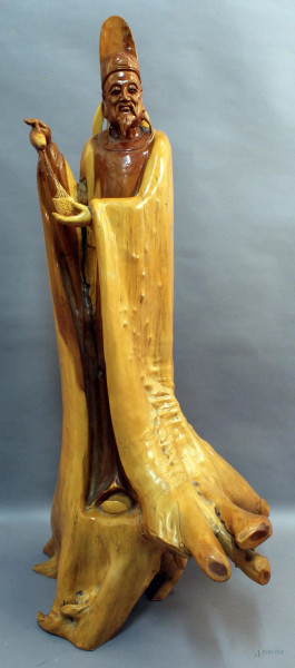 Scultura in legno scolpito raffigurante saggio cinese H.97cm.