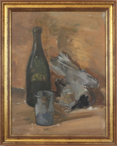Natura morta, bottiglia e bicchiere, olio su tavola, cm 40x30,5, XX secolo, entro cornice