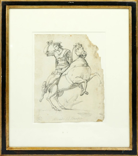 Alessandro sul Bucefalo, matita su carta, cm 27x21, inizi XX secolo, entro cornice, (difetti e macchie)