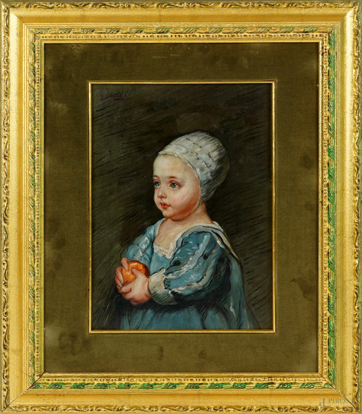 Ritratto di Bambina, olio su tavola, firmato in alto a sinistra, cm 29x22, entro cornice