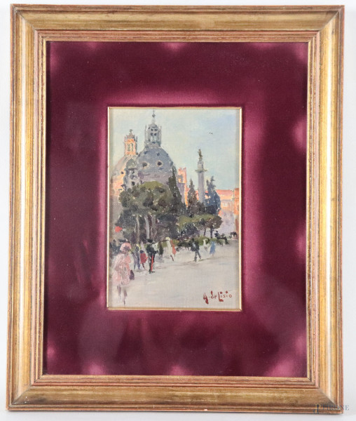 Arnaldo De Lisio (1869-1949), La colonna Traiana, olio su cartone telato, cm 18,5x12, firmato in basso a destra, entro cornice, (segni di usura)