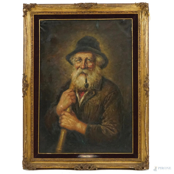 L. Eberhard (XX sec.), Ritratto di anziano con pipa, olio su tela, cm 70,5x50, entro cornice
