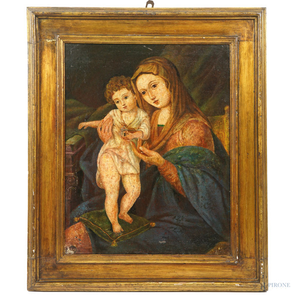 Madonna con Bambino, olio su tela, XX secolo, cm 49x38,5, entro cornice (difetti)