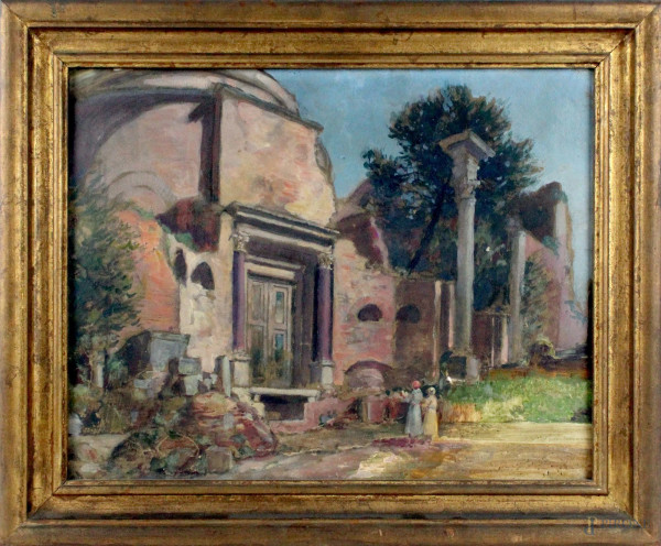 Scorcio con rovine architettoniche e figure, olio su carta applicata su tela, cm.35x45, XX secolo, entro cornice, (difetti).