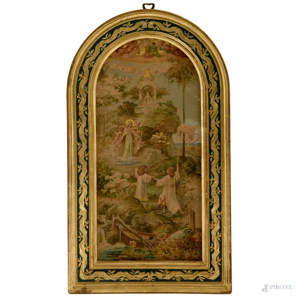 Ricciardo Meacci - Fons Pacis, tecnica mista su cartone pressato centinato, cm 28x14, firmato in basso, al retro firmato, dedicato e datato "1898", entro cornice