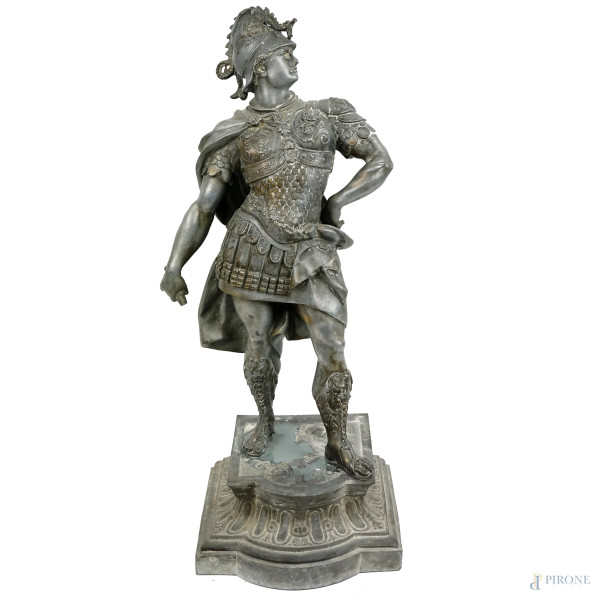 Centurione, scultura in metallo argentato, cm h 64x23x21, firmato Waagen, (difetti e restauri).
