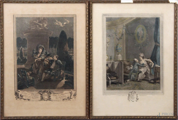Coppia di stampe francesi a soggetti di scene romantiche, 45x32 cm, entro cornici