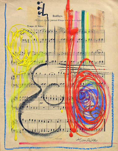 Composizione astratta con chitarra, tecnica mista su spartito musicale, cm 33x26, opera del maestro Amber Quill (1989), firmato, con autentica