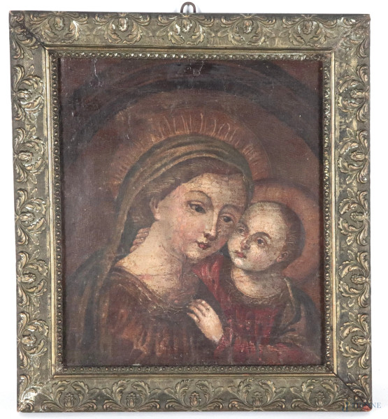 Madonna con Bambino, incisione ritoccata e applicata su tela, cm 26x22, entro cornice, (segni di usura, abrasioni, ondulazioni, increspature, sollevamenti di colore, restauri)