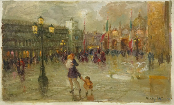 Piazza San Marco, olio su cartone telato, cm 30x50, firmato Gius. Forti