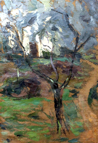 Paesaggio con albero, olio su tela applicata su masonite, cm. 95x66, firmato, entro cornice, (difetti)