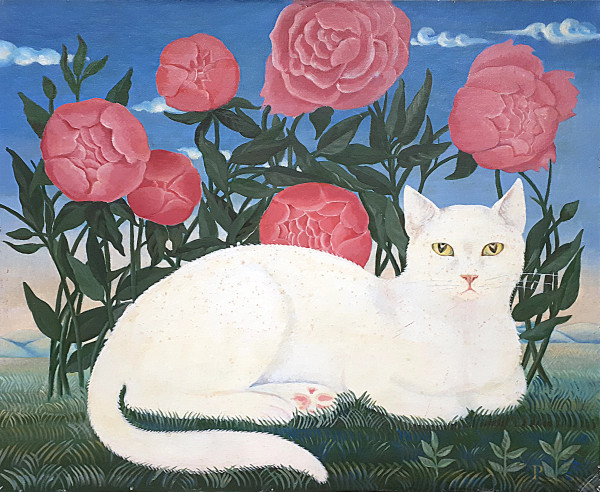 Artista Naif del Novecento, Gatto tra i fiori, olio su cartone telato, cm 50x60