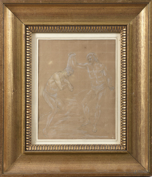 Disegno a tecnica mista su carta raffigurante Battesimo di Cristo, XX secolo, cm 29x22,5 compreso passepartout, entro cornice, (segni di usura, ossidazione della carta, difetti)