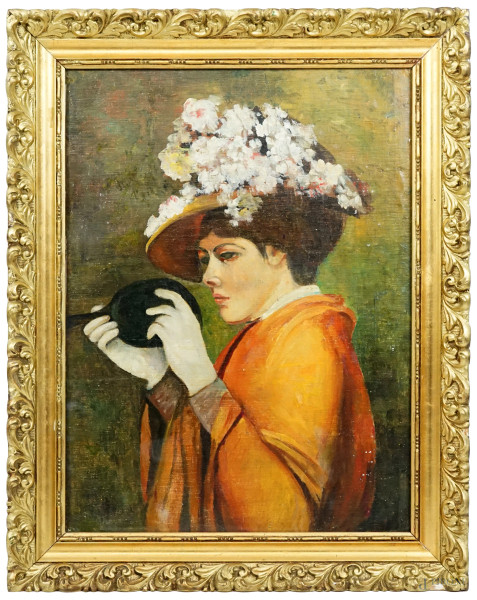 Donna con specchio, olio su tela riportata su cartone, cm 55x41,5, firmato sul retro, entro cornice.