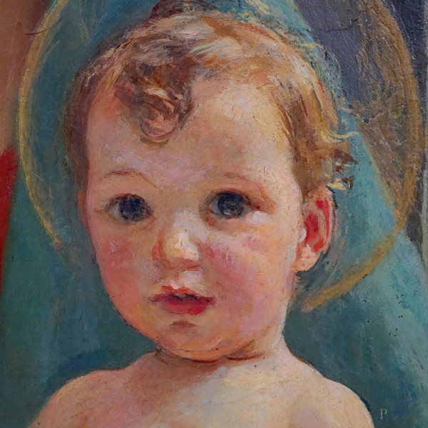 Madonna con Bambino, olio su tela, cm 90x60, firmato in basso a destra, entro cornice