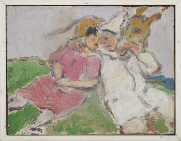 Pulcinella con asino e donna, XX secolo, olio su tavoletta, cm 7,5x10,5, entro cornice