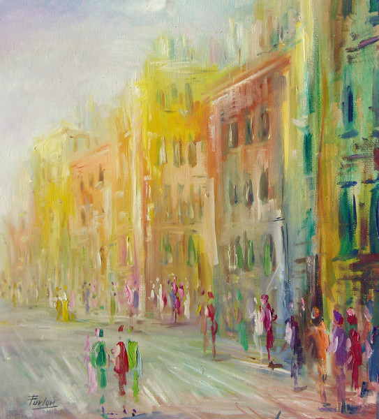 Artista del Novecento, Viale cittadino con passanti, olio su tela, cm 34x38, firmato.