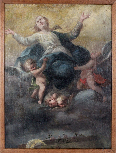 Pittore del XVIII secolo, Assunzione della Vergine, olio su tela applicata su cartone, cm. 59x44, entro cornice.
