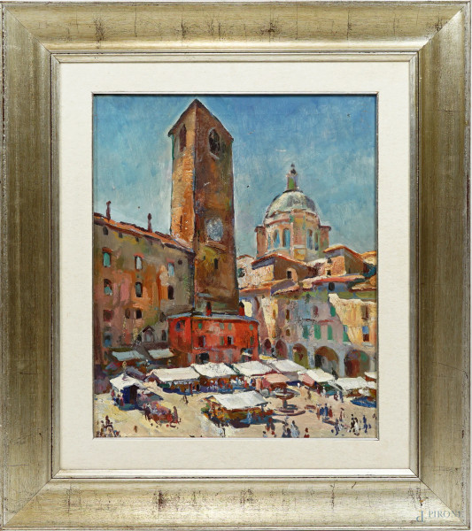 Luigi Polverini (Roma 1903-1960), Piazza delle Erbe (Mantova), olio su tela, retro: dichiarazione di autenticità e datazione al 1948 a firma della moglie dell'artista, cm 60x50, entro cornice. (Difetti)