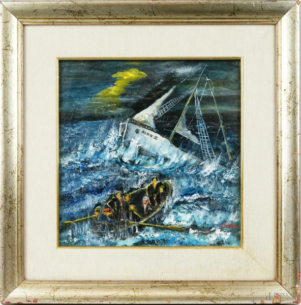 Barca in tempesta, olio su cartoncino, cm 30x30, firmato, entro cornice.