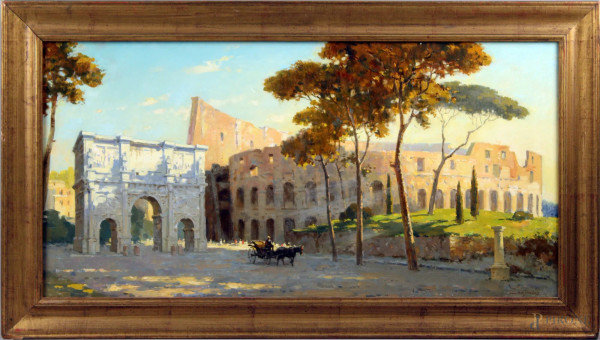 Mattino romano, olio su tela, cm. 45x90, artista russo del XX secolo, entro cornice.