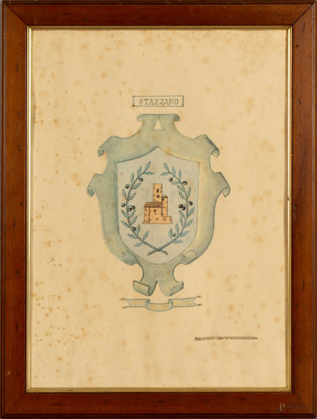 Stemma araldico, acquarello su carta, cm. 43x31, entro cornice, (macchie sulla carta).
