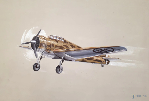 Aeropittore del NovecentoAereo Breda BA65 “Nibbio” in volo, fascio Littorio sulle ali, tempera su cartone, cm 26x20