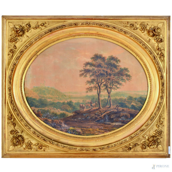 Paesaggio con contadino e armenti, tecnica mista su carta, XIX secolo, luce cm 47,5x60,5 entro cornice, (ondulazioni carta, lievi tracce di umidità)