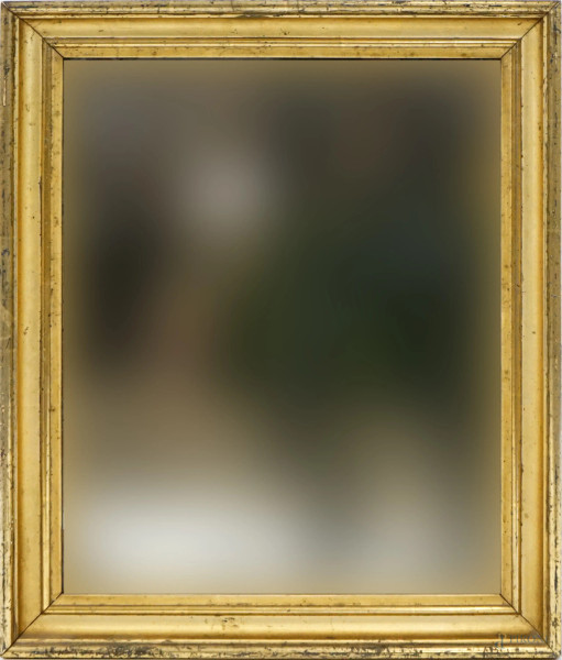 Specchiera di linea rettangolare in legno dorato, inizi XX secolo, misure ingombro cm 55x45,5, misure luce cm 44,5x35, (difetti).