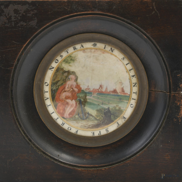 Fortituto nostra, XIX-XX secolo, miniatura a serto circolare entro cornice, cm 13,5x13,5 misure complessive , (segni di usura, difetti)
